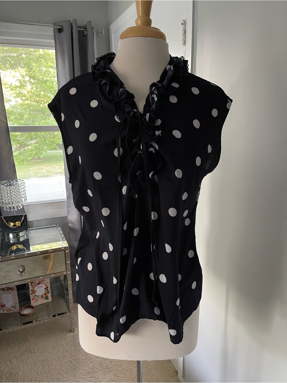 Avenue Black and White Polka Dot Ruffle Tie-Neck Blouse